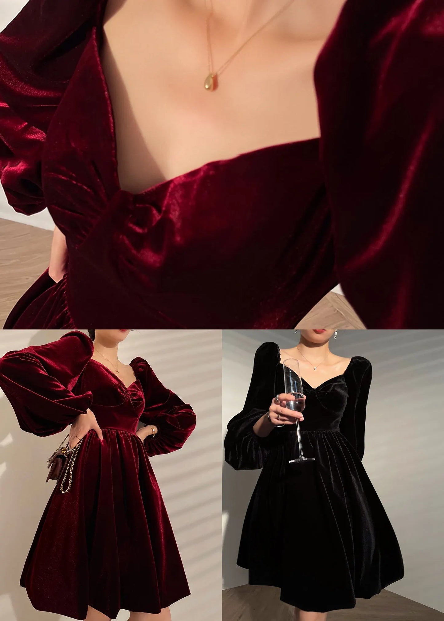 French Black V Neck Color Velour Mid Dress Lantern Sleeve