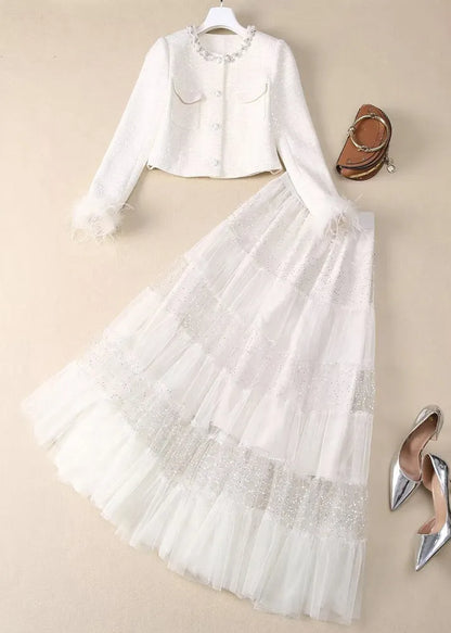 White Sequins Nail Bead Coats and Tulle Maxi Skirt Two Pieces Set Spring