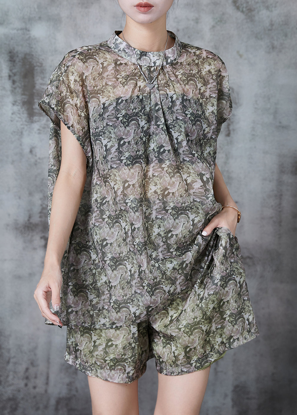 Stand Collar Print Chiffon Sets 2 Pieces Summer