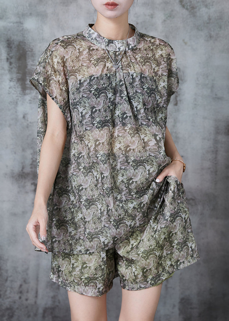Stand Collar Print Chiffon Sets 2 Pieces Summer