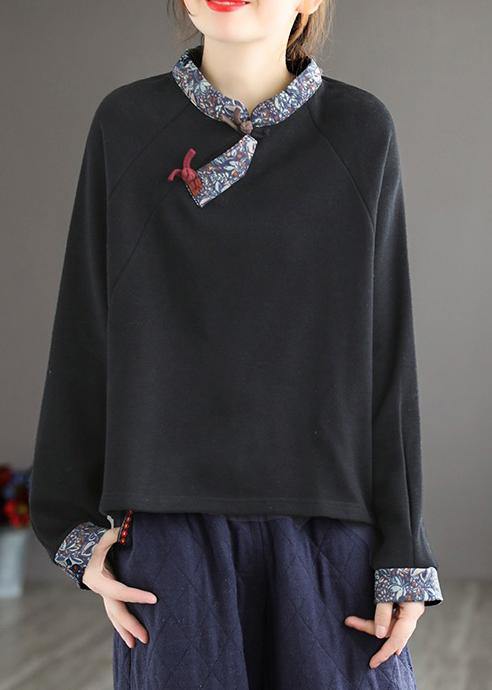 Art Black Top Stand Collar Patchwork Daily Spring Shirt