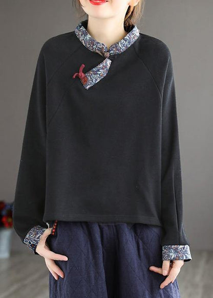 Art Black Top Stand Collar Patchwork Daily Spring Shirt