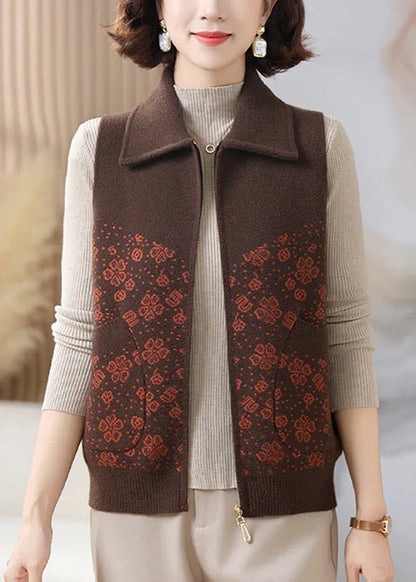 Coffee Peter Pan Collar Pockets Knit Waistcoat Sleeveless