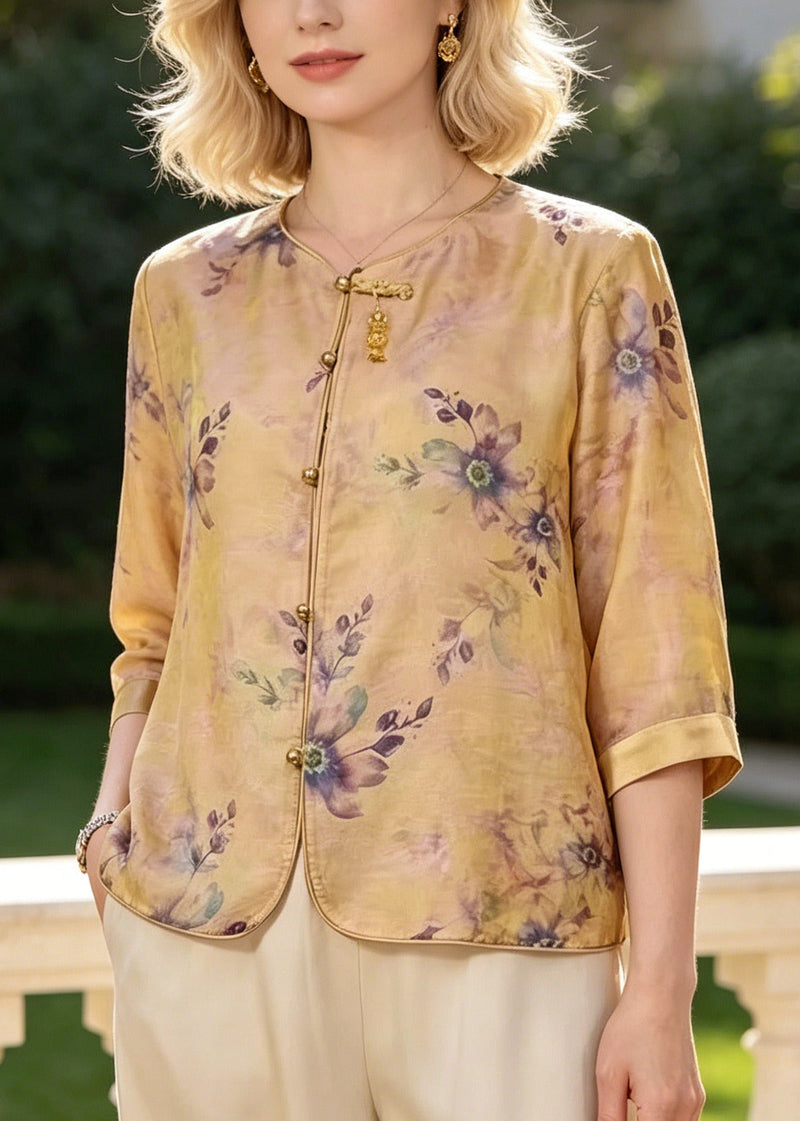 Yellow Print Silk Blouse Tops Bracelet Sleeve