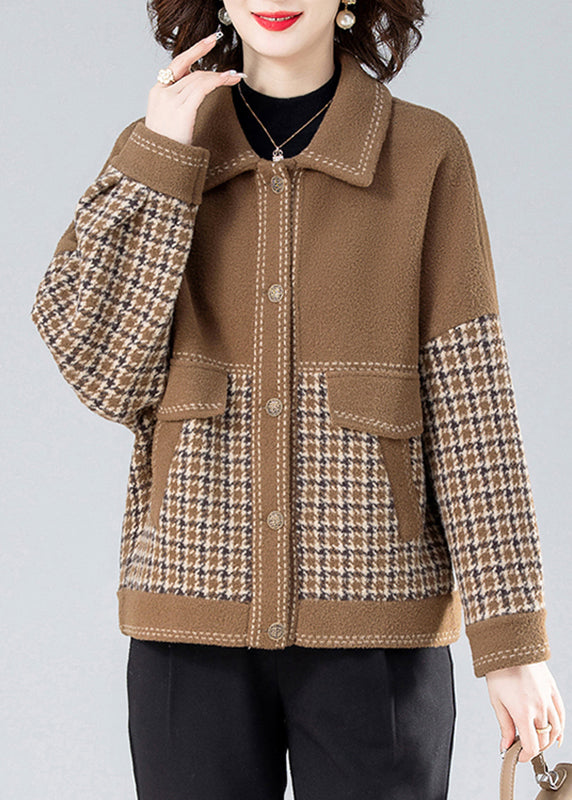 Camel Peter Pan Collar Print Patchwork Coats Long Sleeve