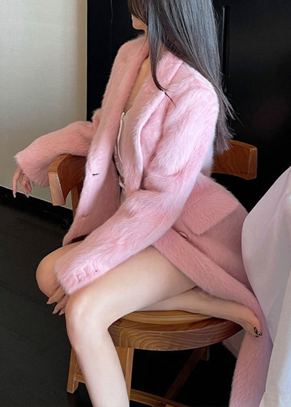 Pink Peter Pan Collar Double Breast Patchwork Woolen Coat Winter