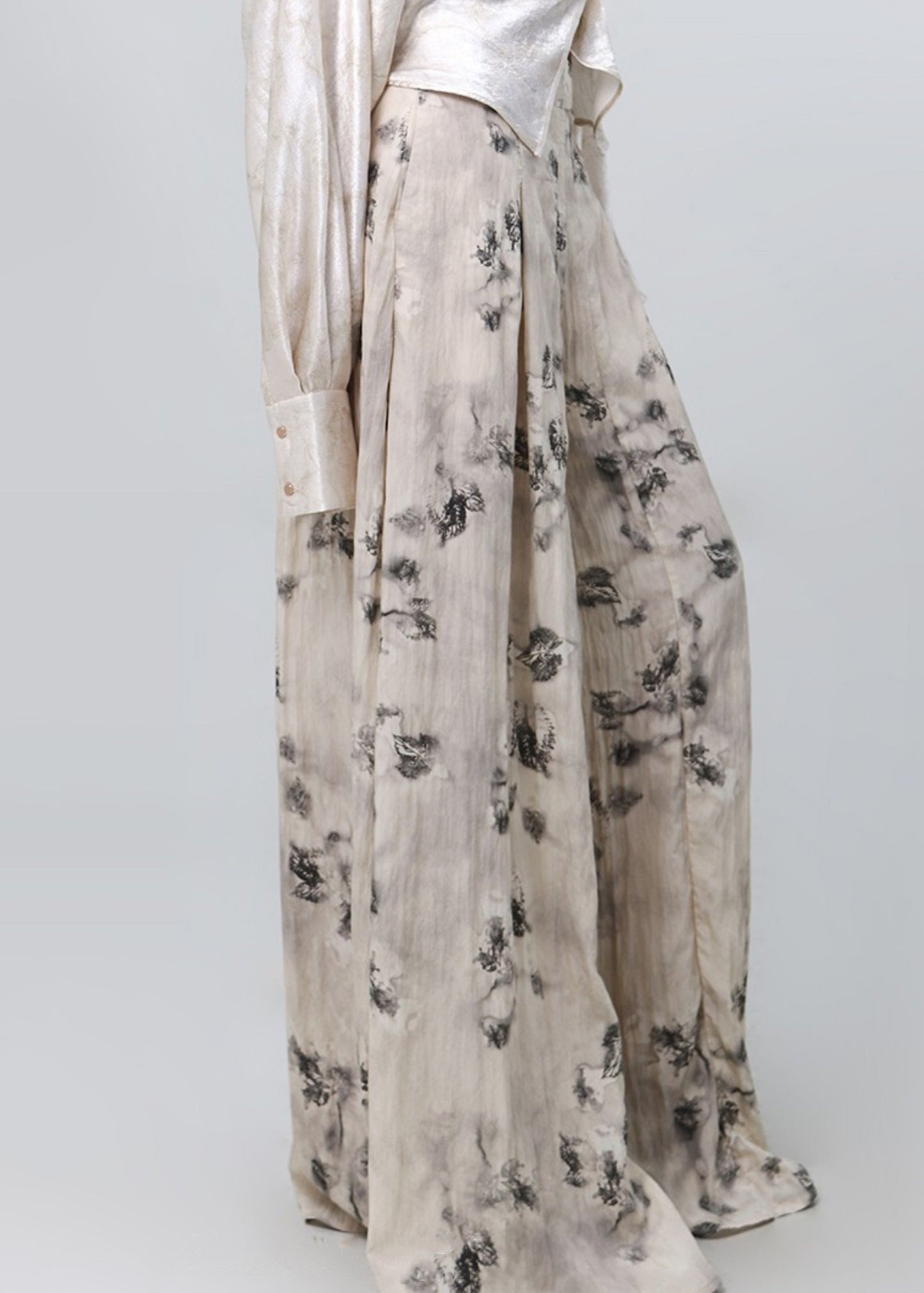 Print Pockets High Waist Cotton Wide Leg Pants Spring