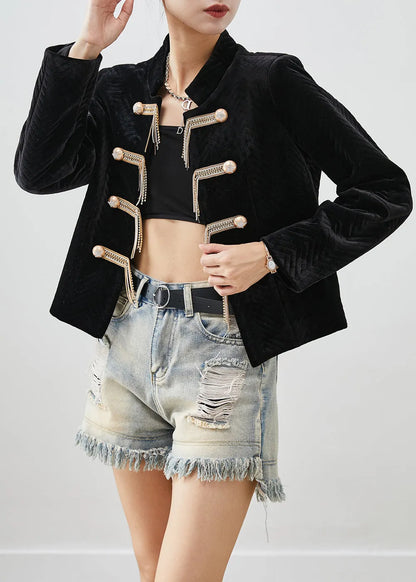 Black Tasseled Metal Buttons Silk Velour Jacket Fall