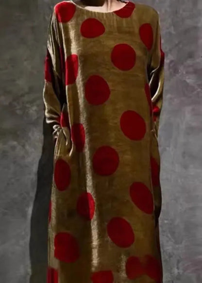 Brown O Neck Print Pockets Silk Velour Dress Long Sleeve