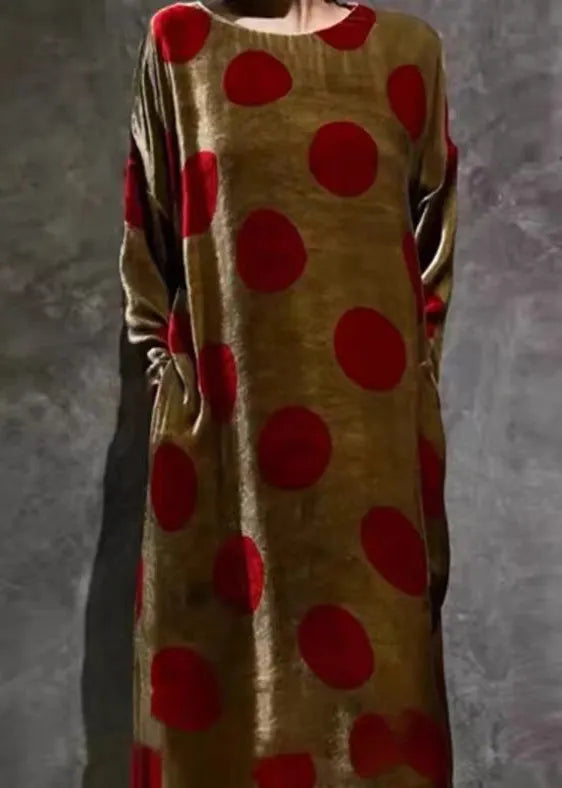 Brown O Neck Print Pockets Silk Velour Dress Long Sleeve