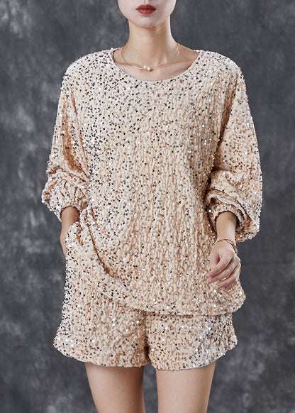 Handmade Khaki O-neck Sequins Silk Velour Two-piece Set Spring
