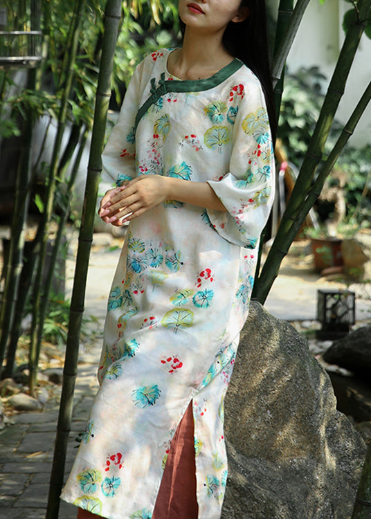 Beige Print Side Open Patchwork Cotton Dresses Bracelet Sleeve