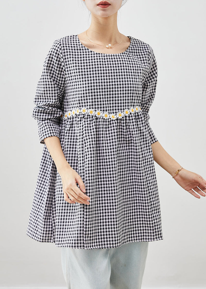 Grey Plaid Cotton Blouse a Line Tops Daisy Fall