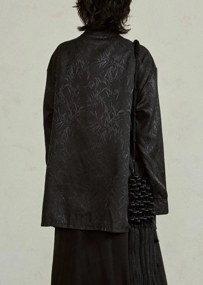 Chinese Style Black Asymmetrical Bamboo Leaf Fake Two Pieces Shirt Fall