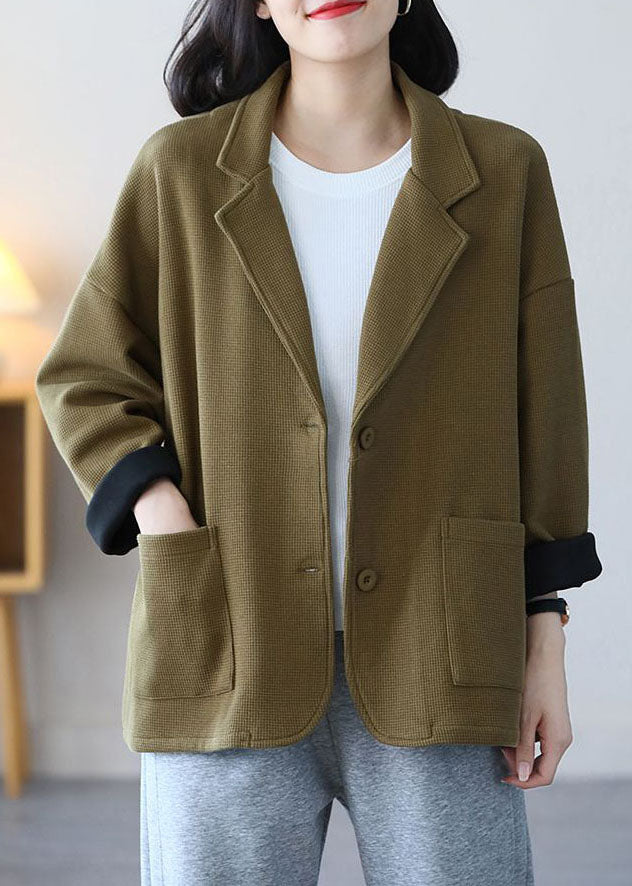Light Green Notched Collar Pockets Cotton Coats Spring
