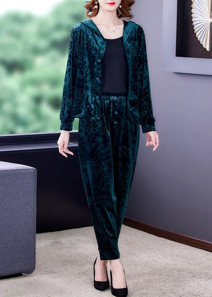 Green Zip Up Silk Velour Coats and Harem Pants Two Pieces Set Long Sleeve Spring