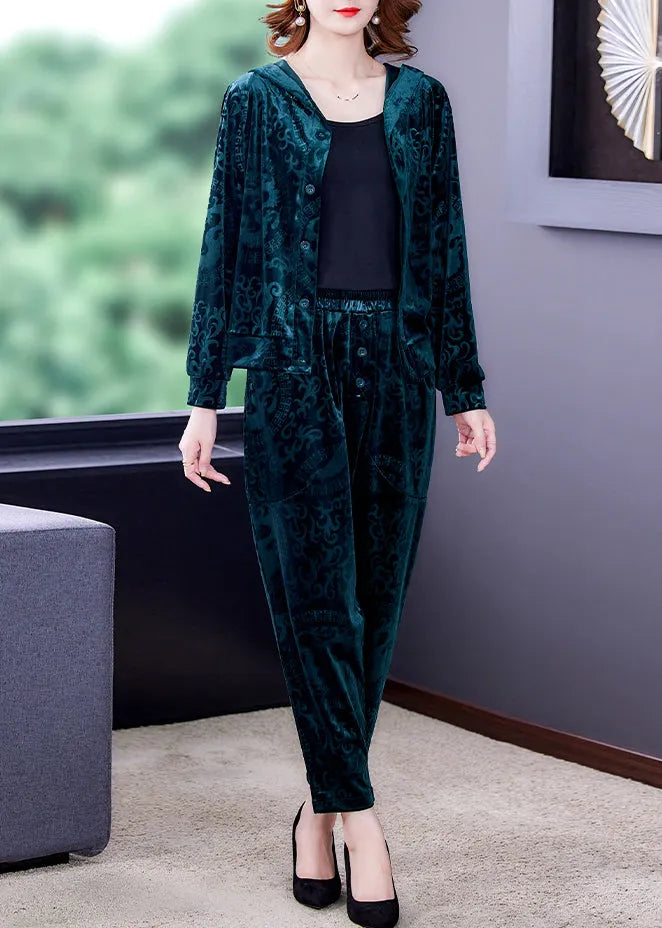 Green Zip Up Silk Velour Coats and Harem Pants Two Pieces Set Long Sleeve Spring