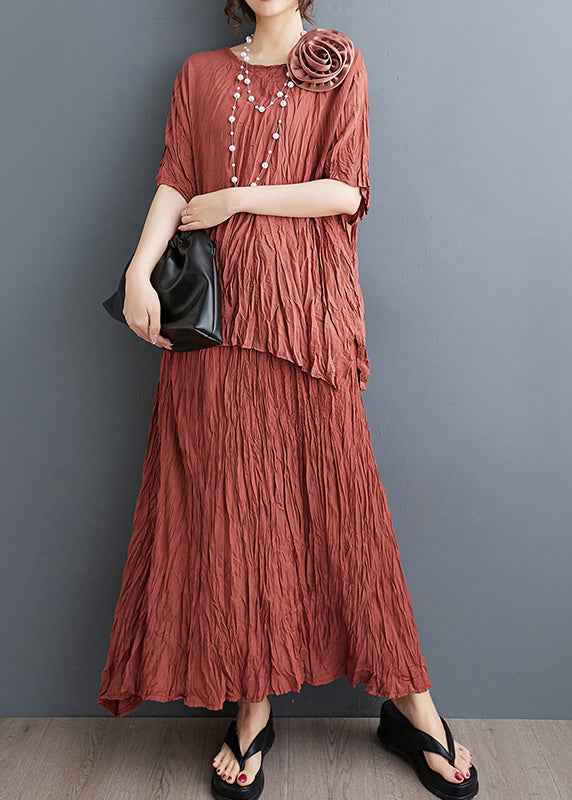 Art Brick Red Decorated Wrinkled Cotton 2 Piece Outfit Summer
