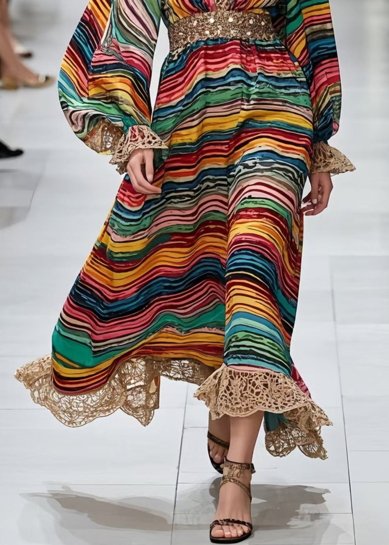 Polychrome Striped Chiffon Long Dress Lantern Sleeve