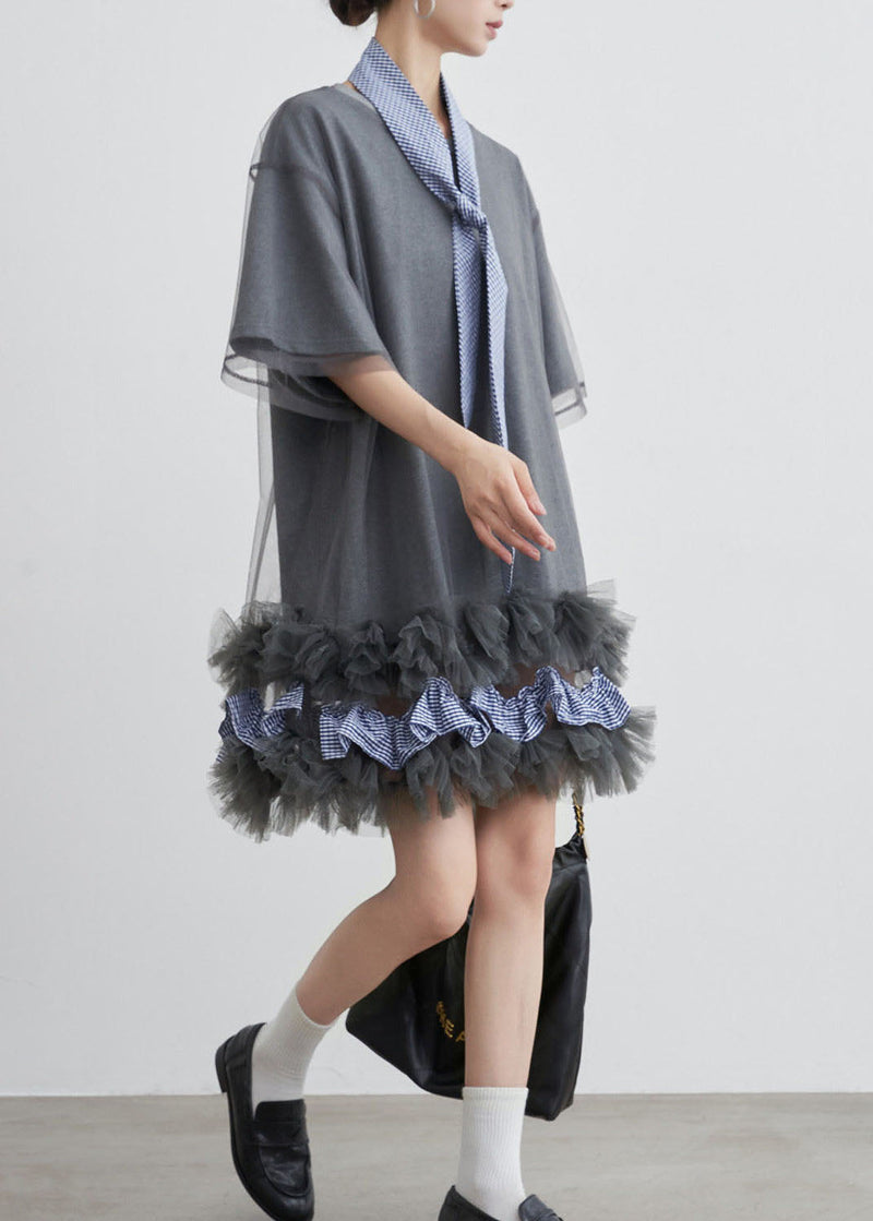 Stylish Grey O Neck Tulle Patchwork Cotton T Shirt Dresses Summer