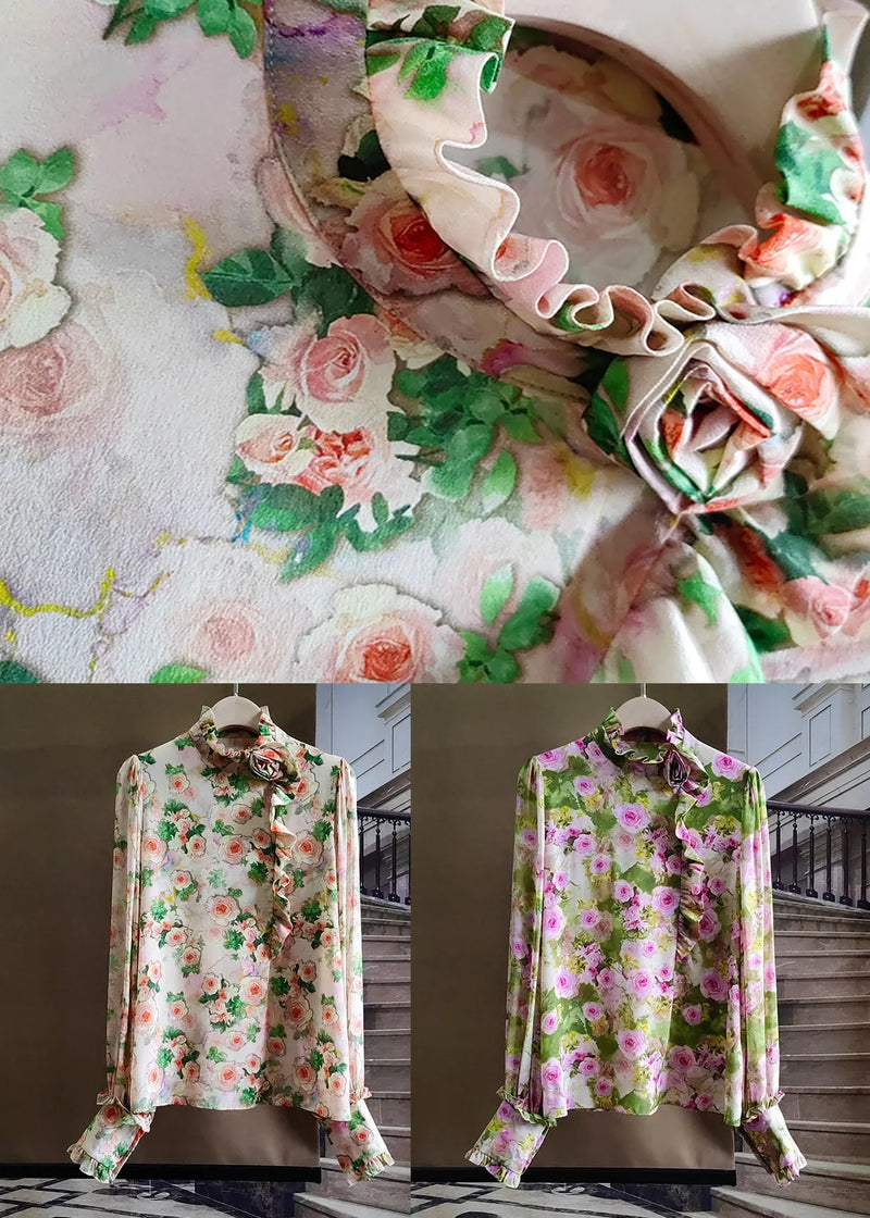 Green Ruffled Rose Print Silk Tops Spring