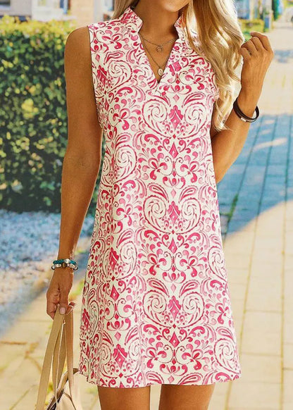 Stylish Pink V Neck Print Cotton Mid Dress Sleeveless