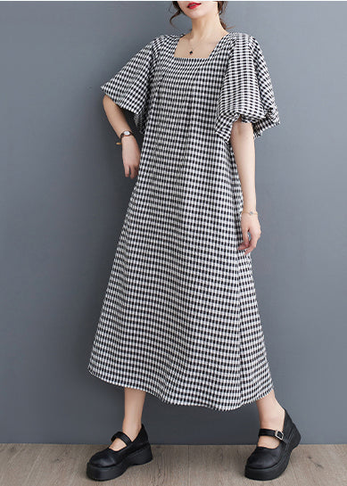 Black Square Collar Plaid Linen a Line Dress Puff Sleeve