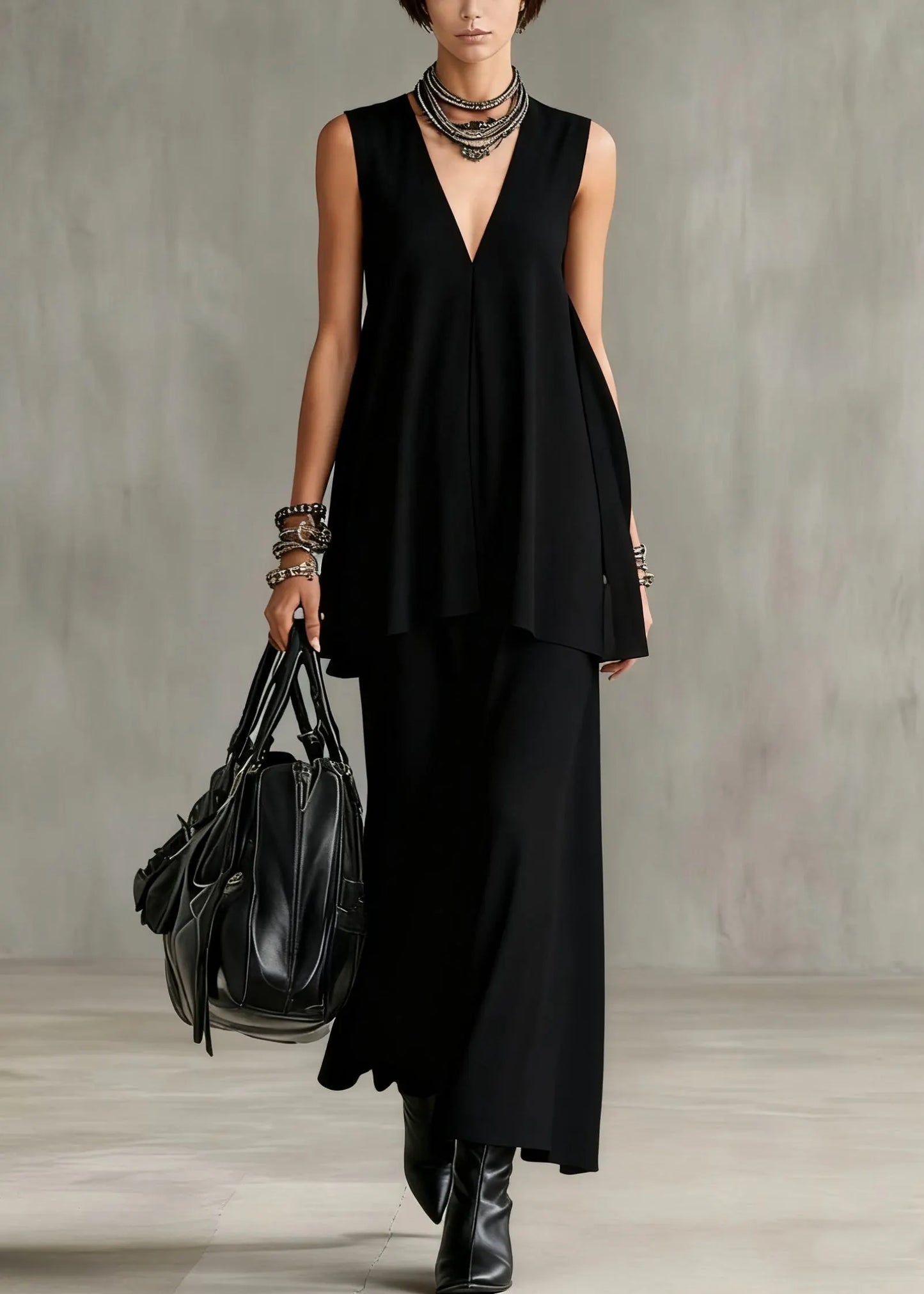 Slim Fit Black V Neck Tops and Skirts Cotton Two Pieces Set Sleeveless
