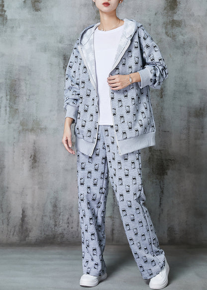 Grey Oversized Cat Print Cotton Two Pieces Set Spring