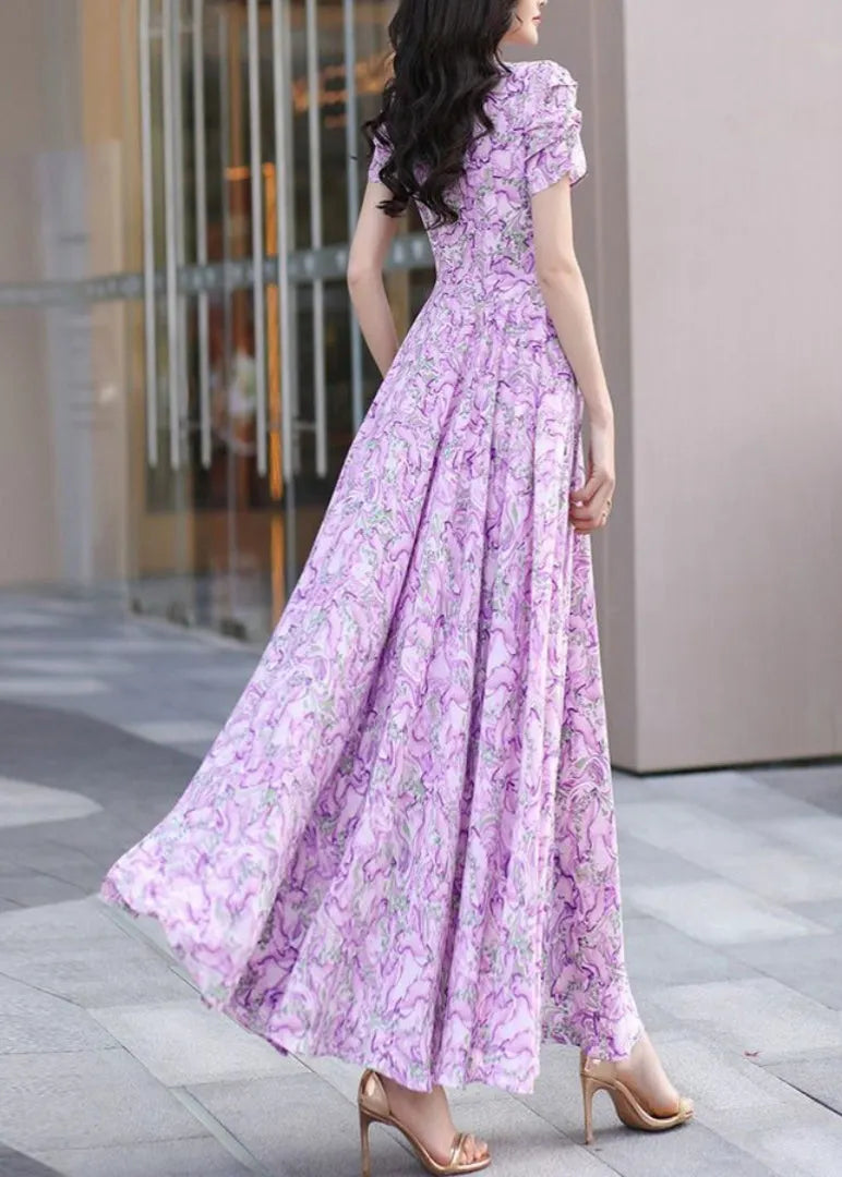 Purple V Neck Print Wrinkled Chiffon Dress Summer
