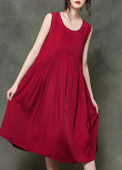 Wine Red O-neck Wrinkled Long Dresses Sleeveless