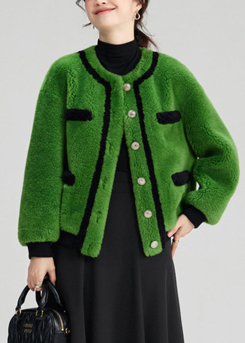 Green Button Pockets Fuzzy Fur Fluffy Coats Long Sleeve