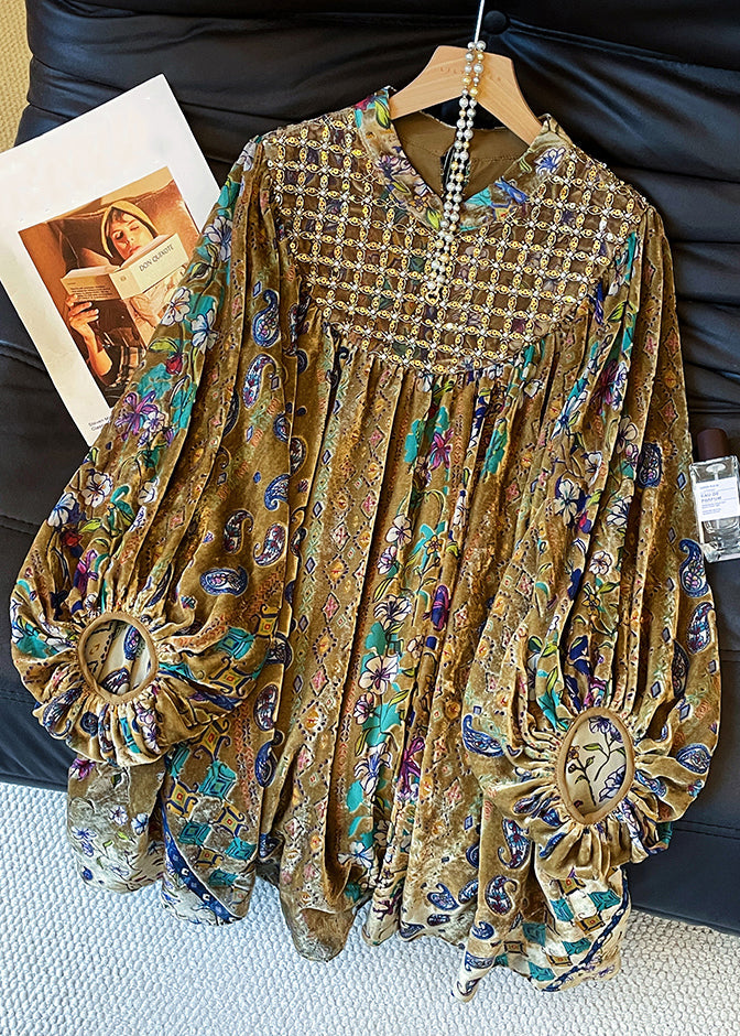 Stand Collar Print Button Cotton Blouses Lantern Sleeve