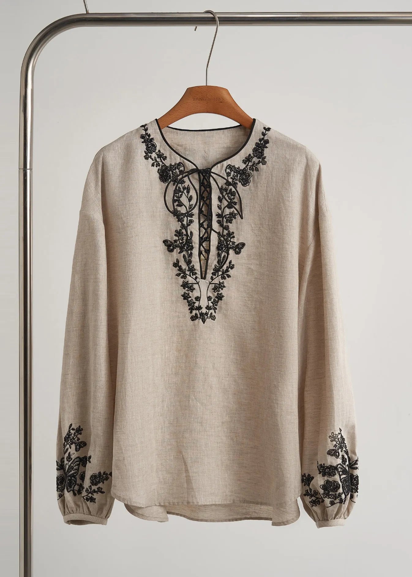 Beige Embroidered Linen Sets 2 Pieces Fall