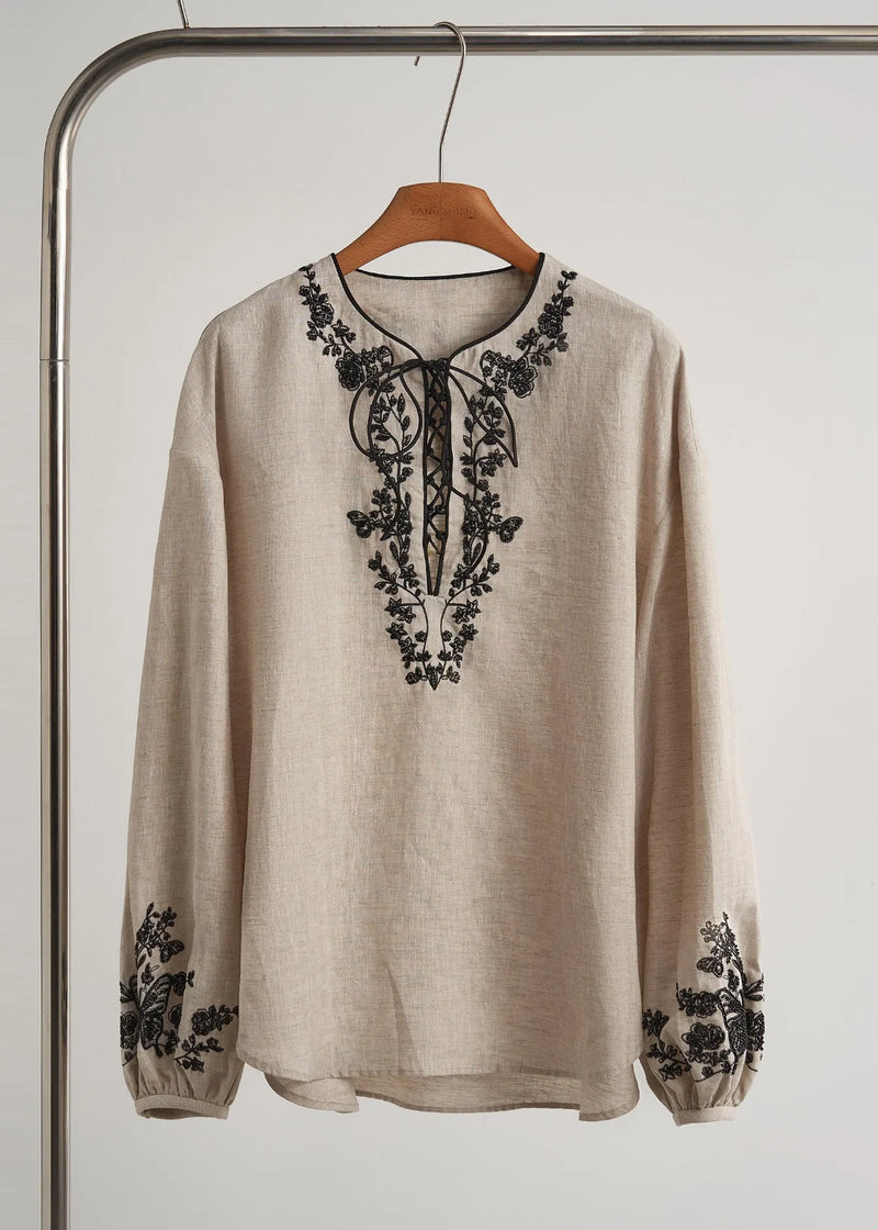 Beige Embroidered Linen Sets 2 Pieces Fall