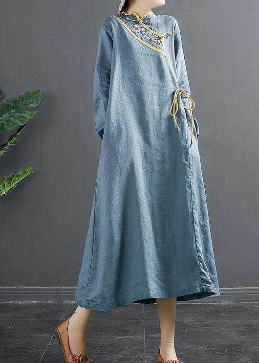 Blue Embroidery Tunic Stand Collar a Line Dress