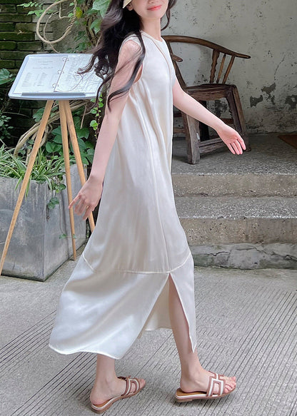 White O-neck Side Open Silk Long Dress Sleeveless