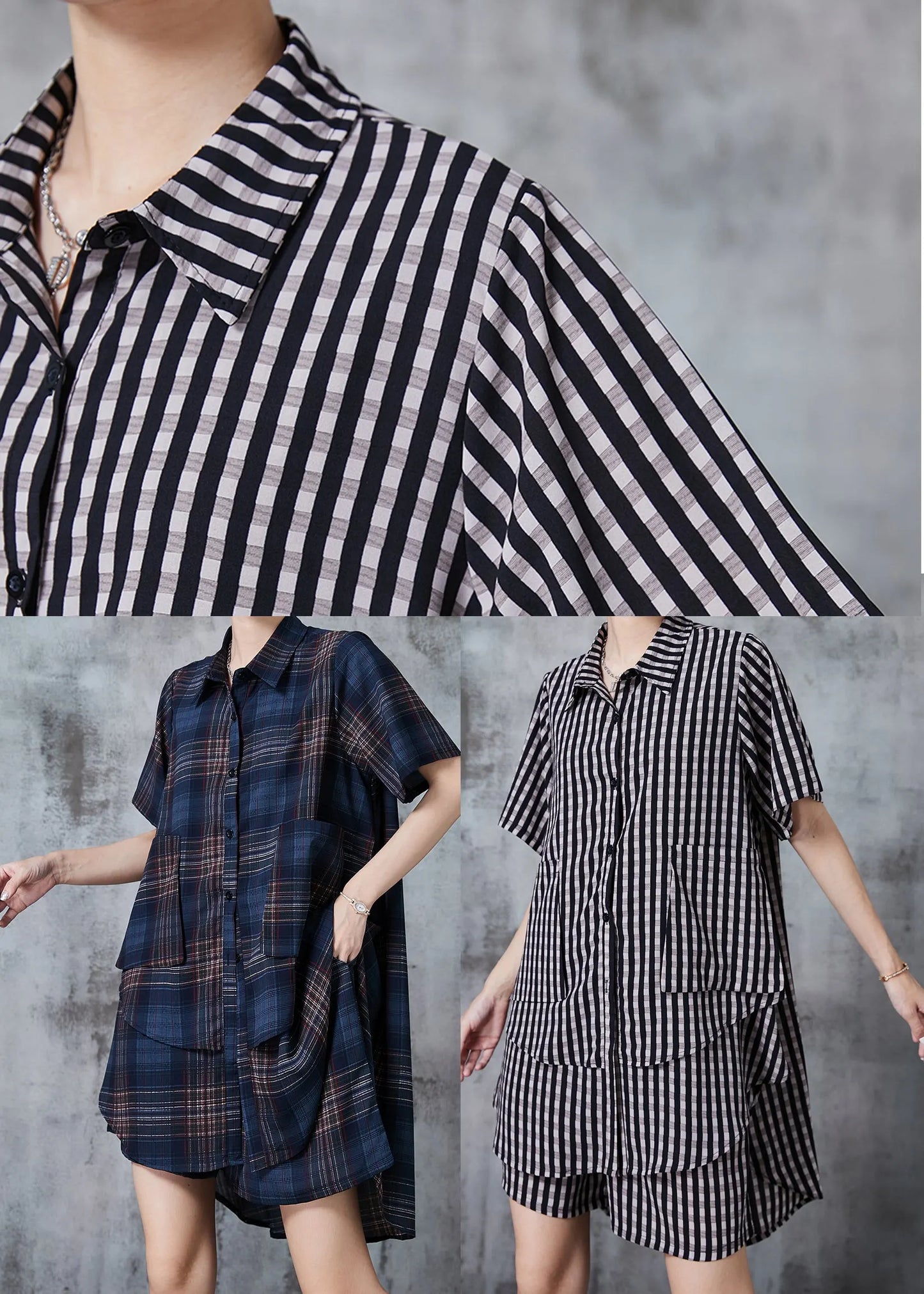 Navy Oversized Plaid Chiffon Two Pieces Set Summer
