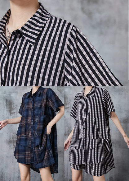 Navy Oversized Plaid Chiffon Two Pieces Set Summer