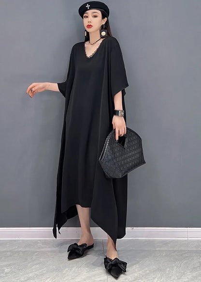 Unique Black V Neck Side Open Chiffon Long Dress and Sequins Long Smock Two Pieces Set Summer