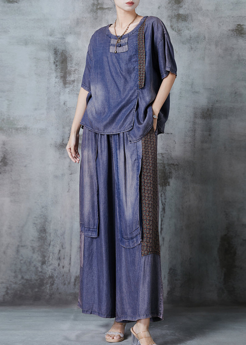 Blue Asymmetrical Patchwork Denim Two Pieces Set Summer
