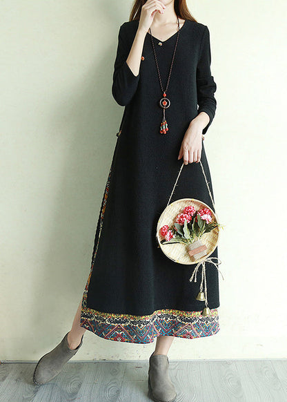 Black Print Fake Two Long Dress Side Open Long Sleeve