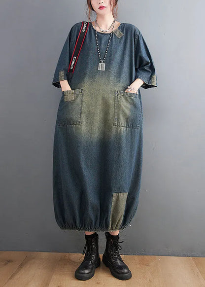 Baggy Blue O-neck Pockets Patchwork Denim Dresses Half Sleeve