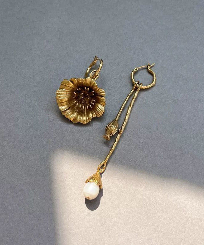 Retro Gold Copper Overgild Asymmetrical Pearl Tassel Drop Earrings