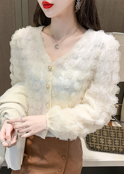 Apricot V Neck Patchwork Tops Long Sleeve