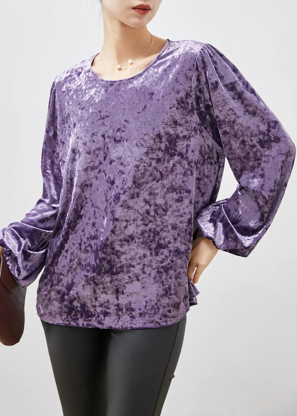 Fine Purple O-neck Oversized Silk Velour Shirts Spring
