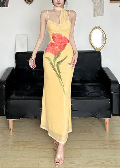 Slim Fit Yellow Bow Print Tulle Spaghetti Strap Dress Sleeveless