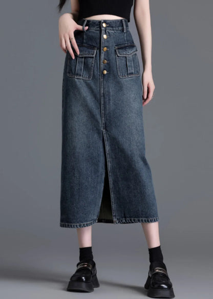 Silm Fit Navy High Waist Side Open Denim Straight Skirt Spring