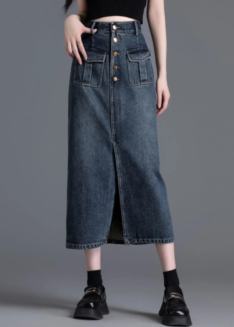 Silm Fit Navy High Waist Side Open Denim Straight Skirt Spring