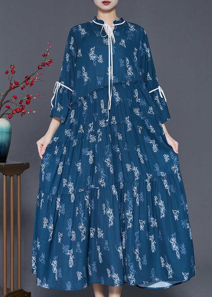 Navy Print Exra Large Hem Cotton Dresses Spring